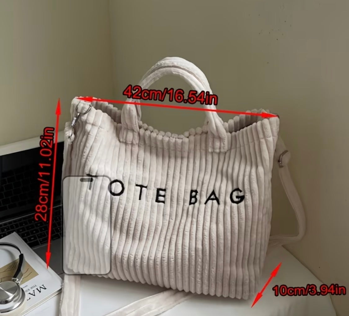 FASHIONABLE SOLID COLOR CORDUROY TOTE BAG