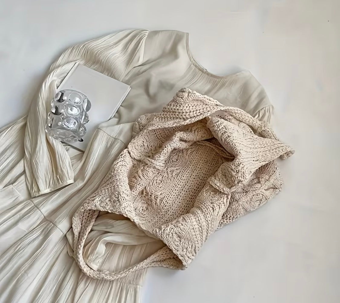Khaki Cable Knit Shoulder Tote Bag
