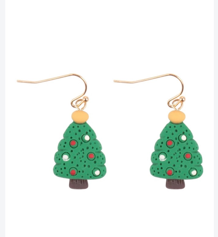 Green Christmas Tree Dangle Earrings with Red & White Ornaments