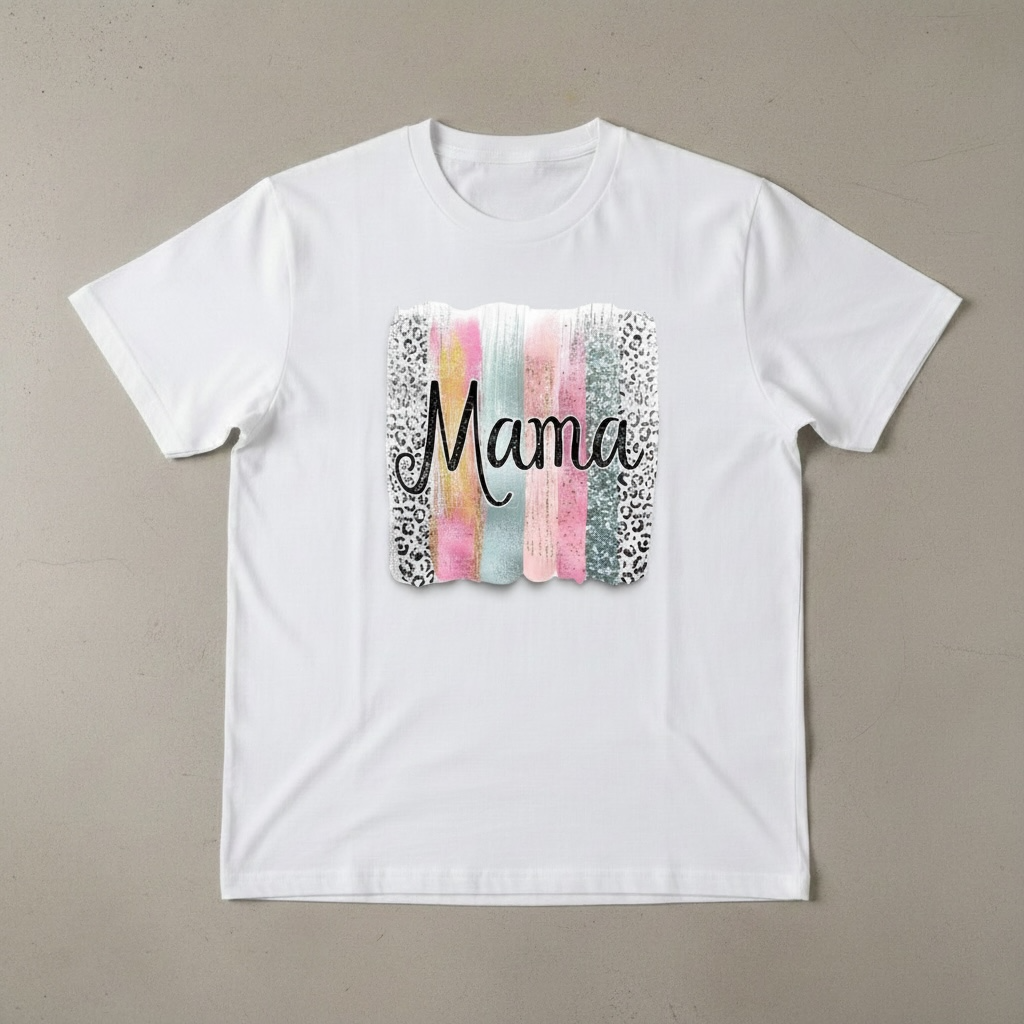 Mama Graphic T-Shirt – Pastel Brushstroke and Leopard Print Design