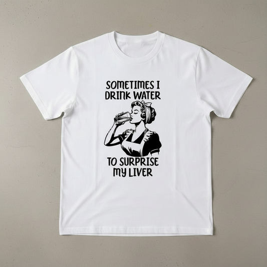 "SOMETIMES I DRINK WATER TO SUPRISE MY LIVER" T-SHIRT