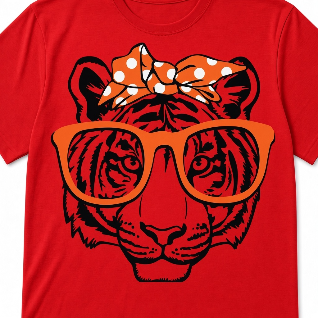 Tiger Graphic T-Shirt – Orange Glasses and Polka-Dot Bow Design