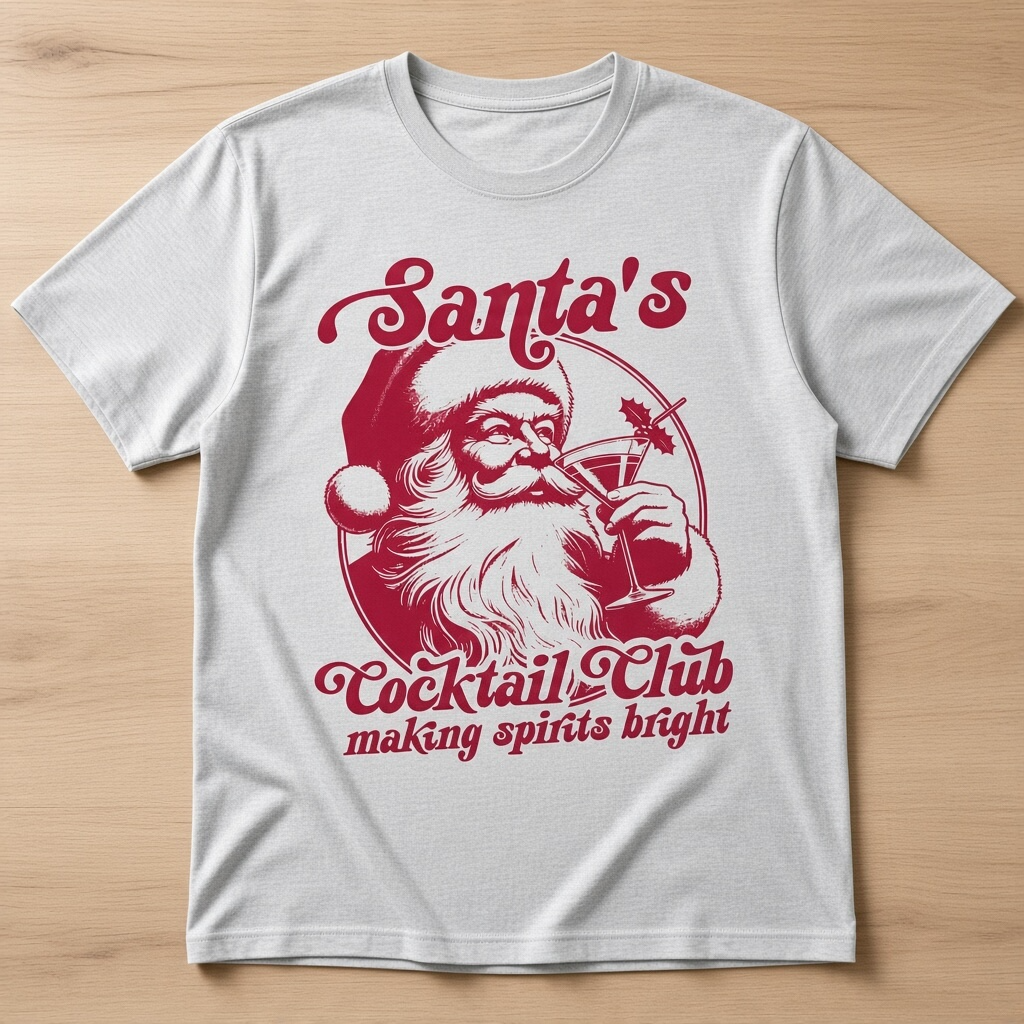 Santa’s Cocktail Club Christmas T-Shirt – Making Spirits Bright Graphic Tee