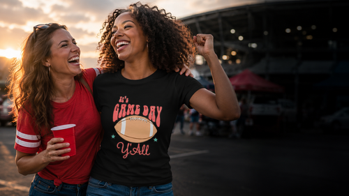 Game-day tees on a stadium afternoon