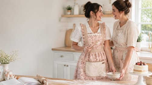 Pink floral aprons in a sunny kitchen