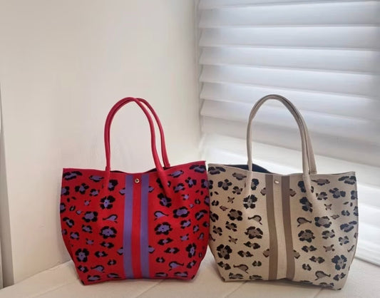 New Leopard Print Vertical Stripe Knitted Shoulder Tote Bag