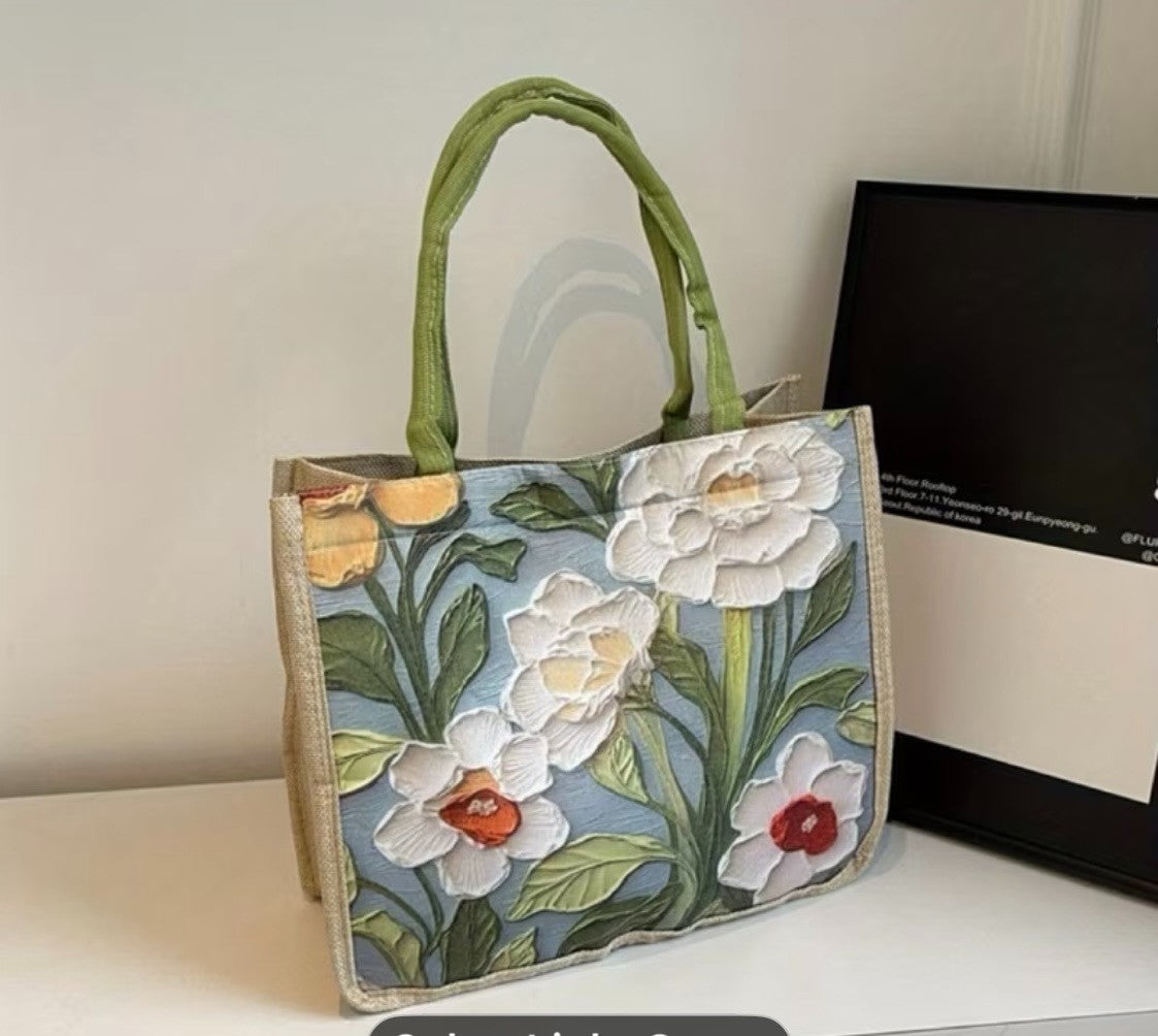 FUN FLORAL BURLAP TOTE BAG 