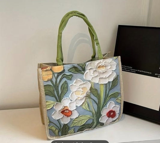FUN FLORAL BURLAP TOTE BAG 