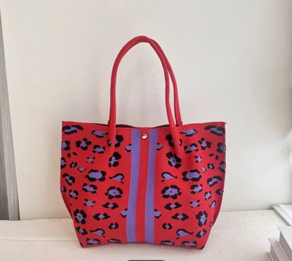 New Leopard Print Vertical Stripe Knitted Shoulder Tote Bag