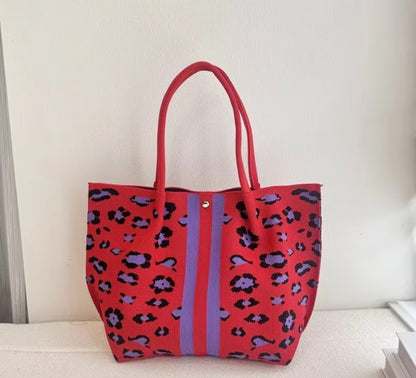 New Leopard Print Vertical Stripe Knitted Shoulder Tote Bag