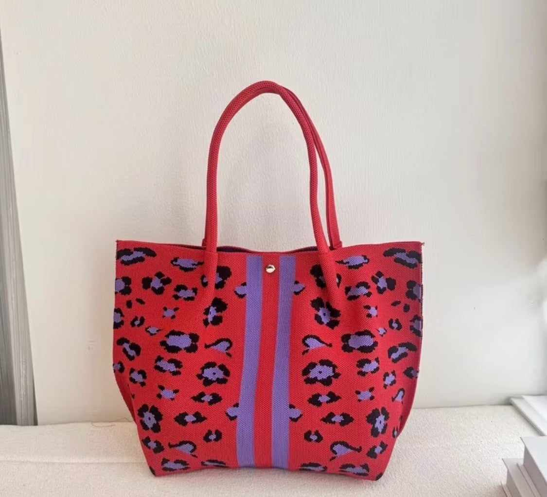 New Leopard Print Vertical Stripe Knitted Shoulder Tote Bag