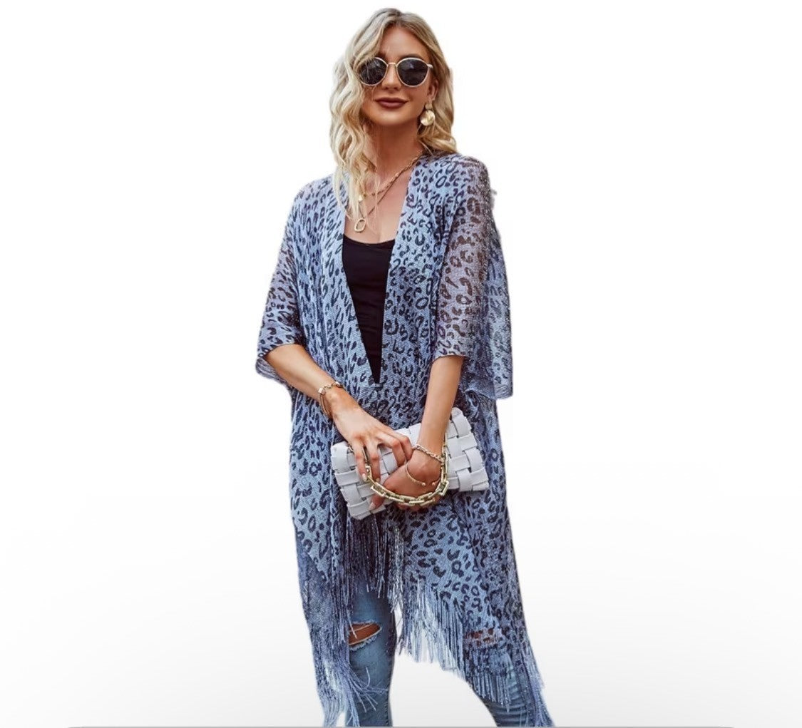 WOMEN'S GRAY LEOPARD PATTERN FRINGE KIMONO