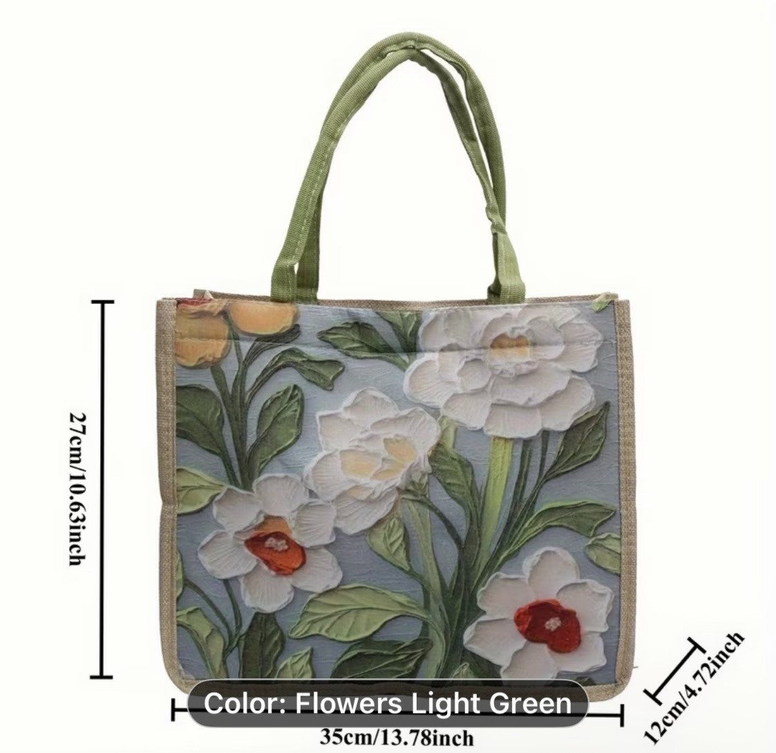 FUN FLORAL BURLAP TOTE BAG 