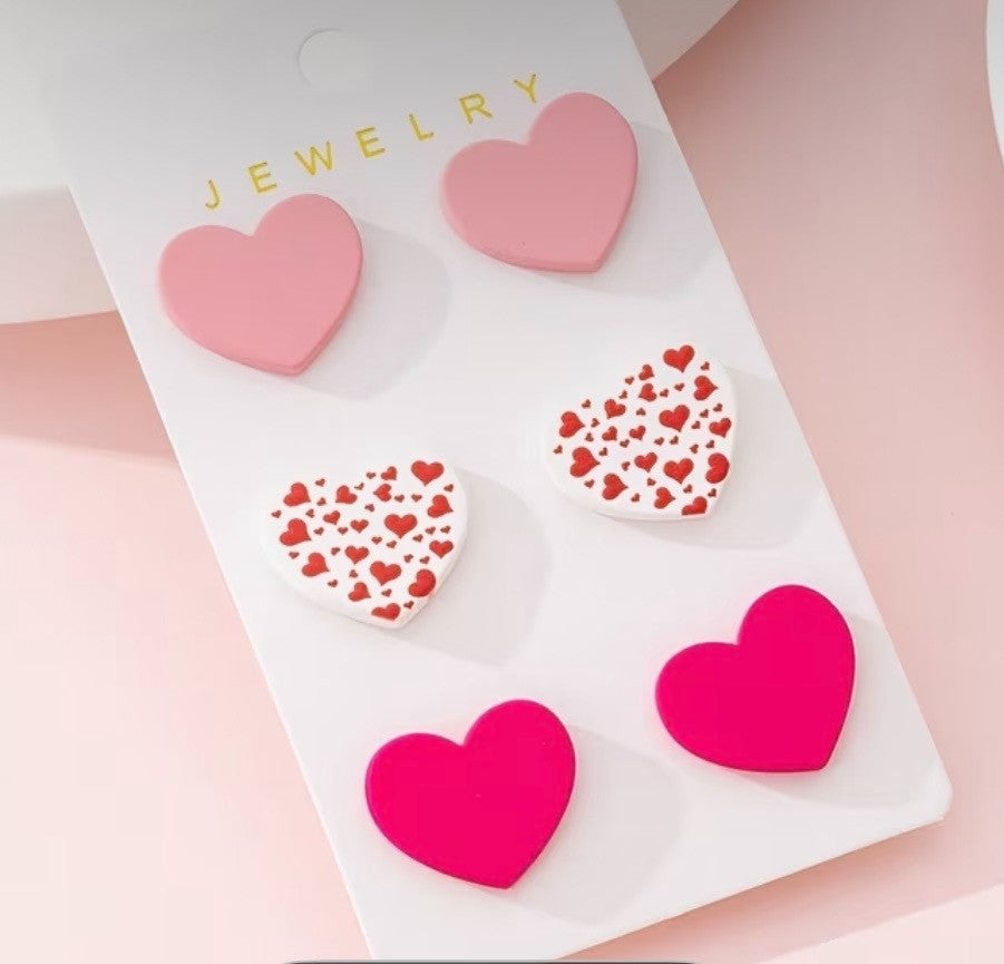 3 PAIRS HEART SHAPED EARRINGS 