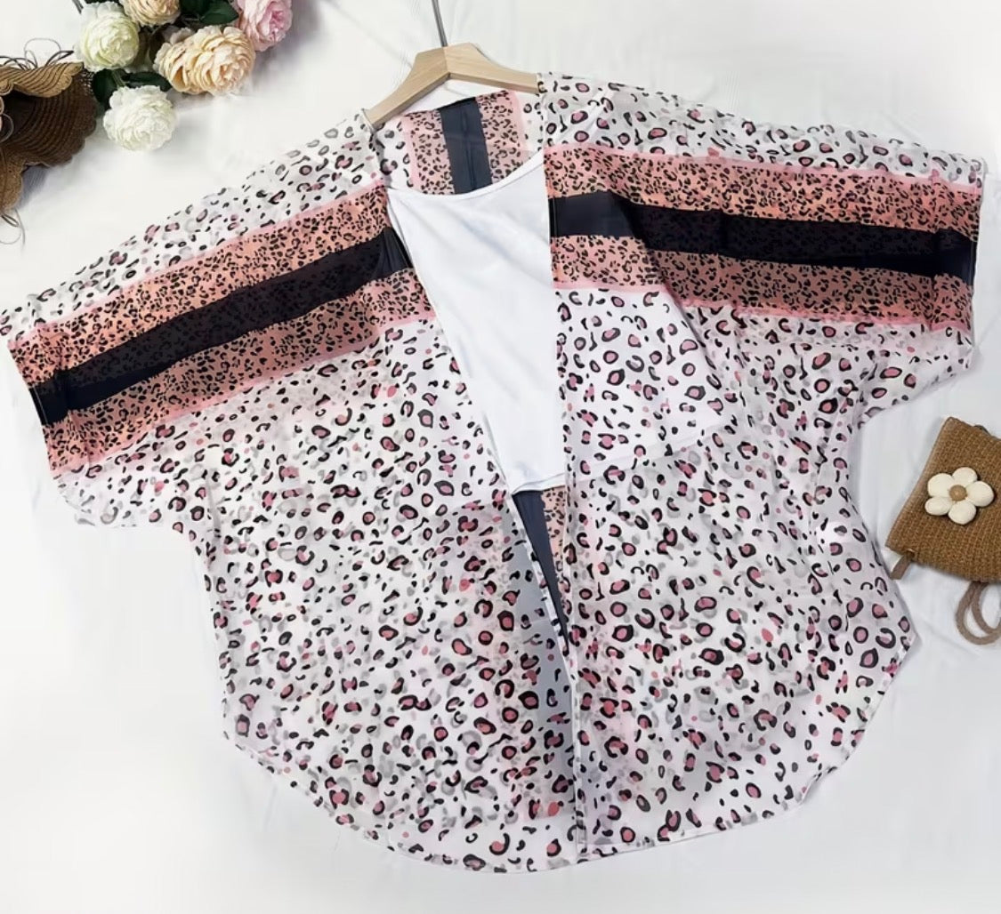 Pink Leopard Print Sheer Cover Up, Open Front Short Sleeve Kimono Cardigan