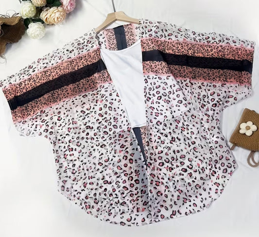 Pink Leopard Print Sheer Cover Up, Open Front Short Sleeve Kimono Cardigan