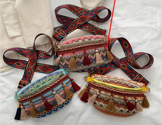 Women's Vintage Bohemian Woven Ethnic Fringe Crossbody Bag -