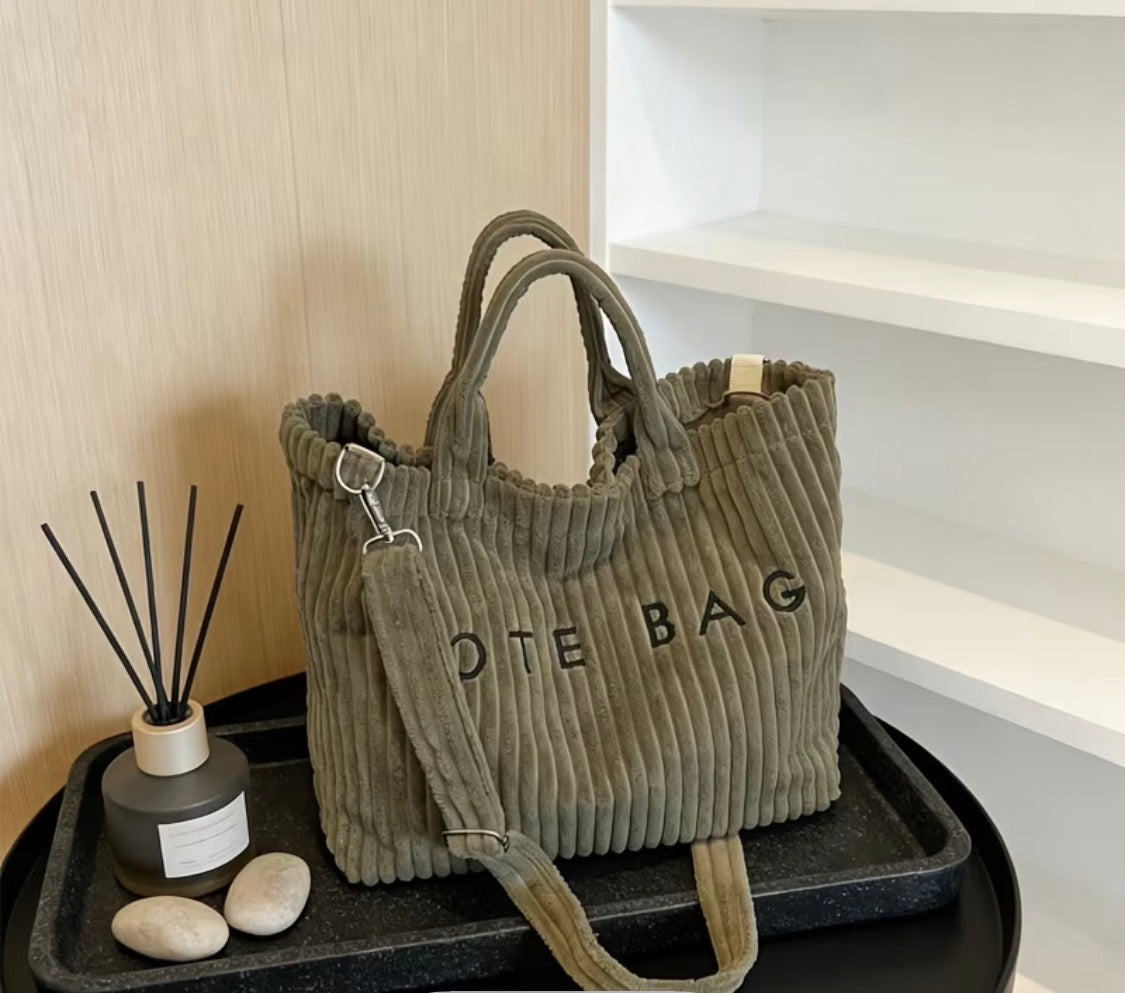 FASHIONABLE SOLID COLOR CORDUROY TOTE BAG