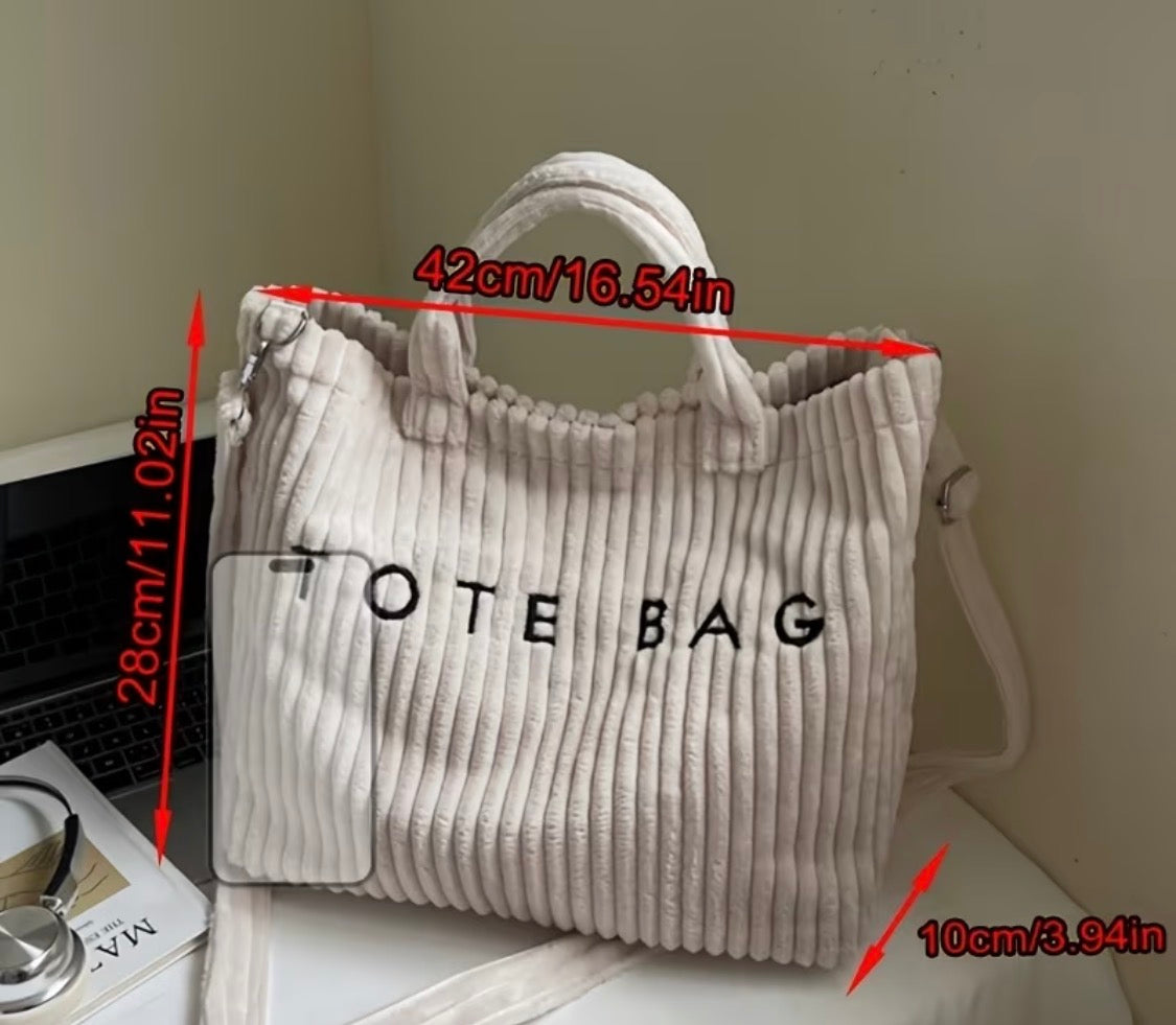 FASHIONABLE SOLID COLOR CORDUROY TOTE BAG