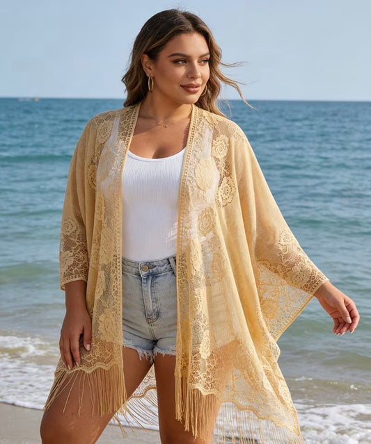 New Bohemian Style Lace Cardigan, 3D Floral Tassel Shawl