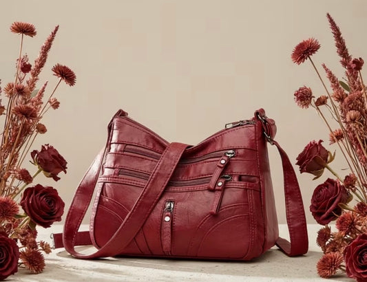 Red Vintage PU Crossbody Bag , Multi-Layer, Women's Fashion Handbag Purse for Daily