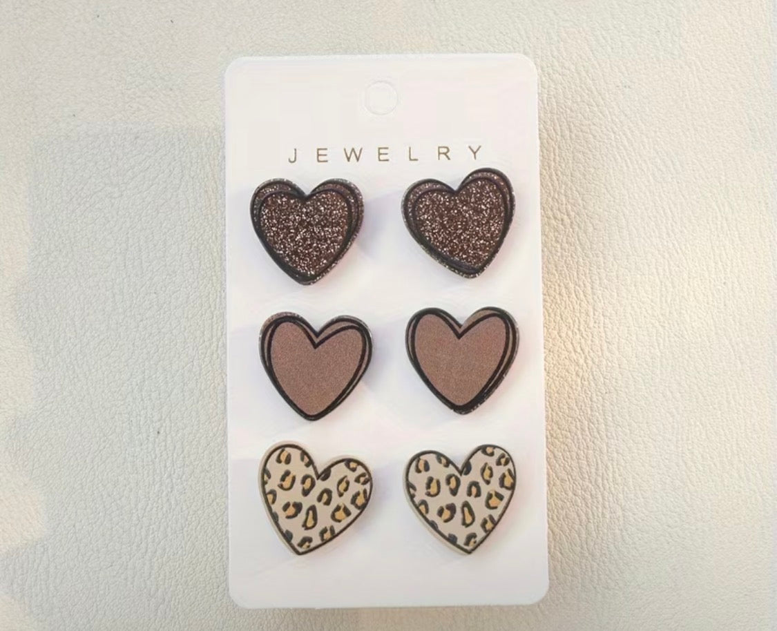 3 Pairs Set Of Delicate Heart Shaped Stud Earrings