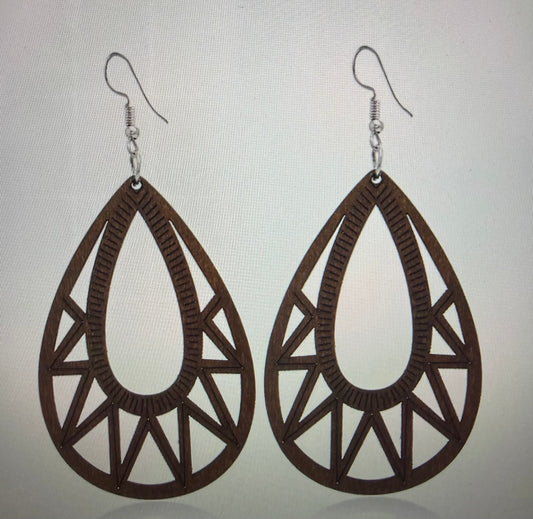 Wooden Earrings Bohemian Hollow Out Tree Of Life Geometric Teardrop Leaf Dangle Drop