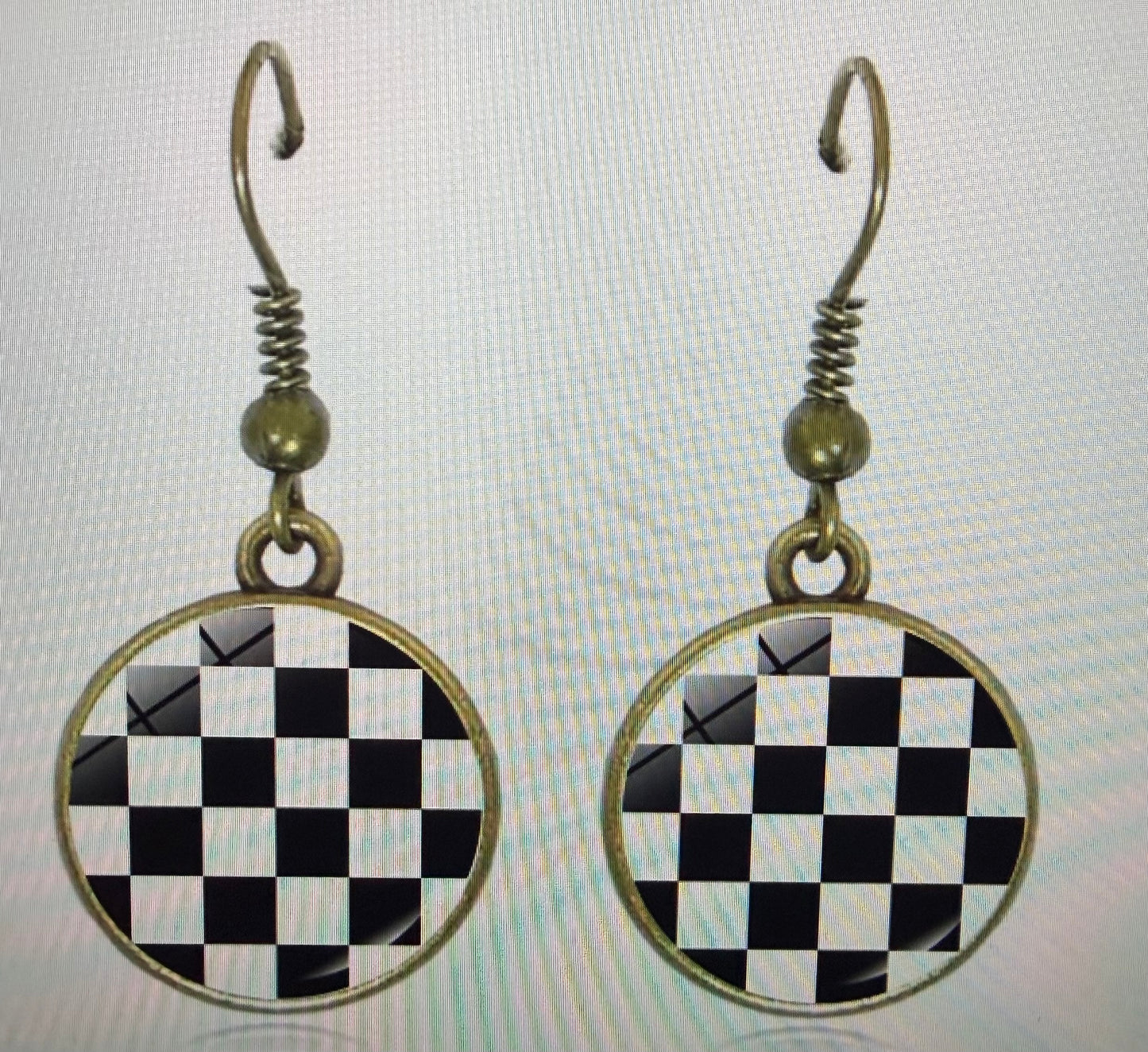 Checkerboard Grid Glass Dome Dangle Hook Earrings