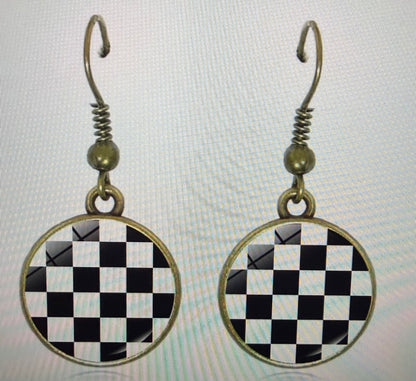 Checkerboard Grid Glass Dome Dangle Hook Earrings