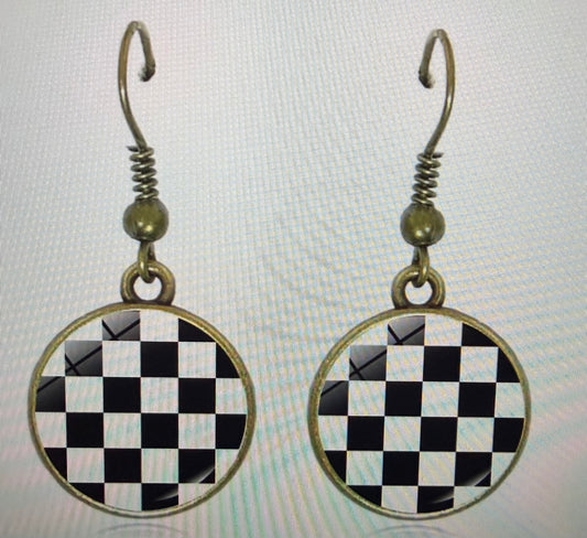Checkerboard Grid Glass Dome Dangle Hook Earrings