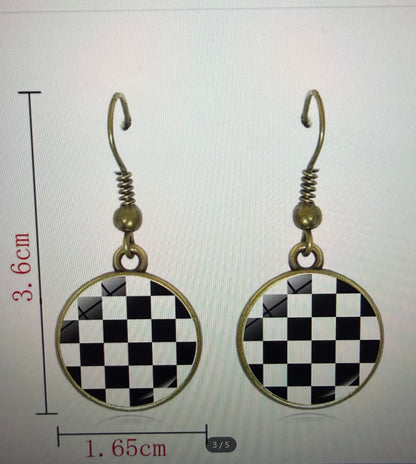 Checkerboard Grid Glass Dome Dangle Hook Earrings