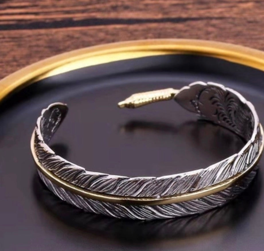 Vintage Feather Open Cuff Bracelet