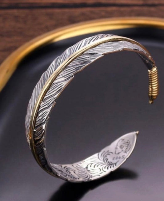 Vintage Feather Open Cuff Bracelet