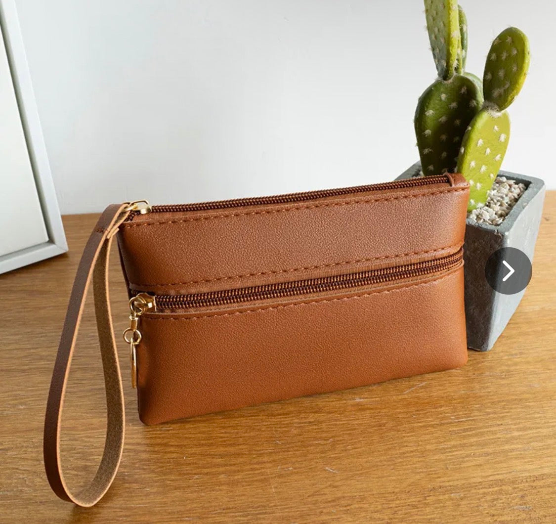 Women PU Leather Clutch Bag Double Zipper Wristlet