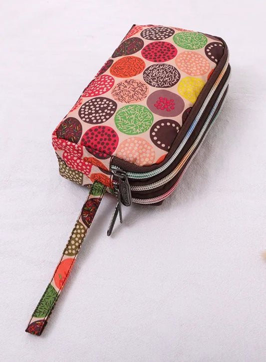 WOMEN'S CANVAS COLORFUL CIRCLES MULTILAYER ZIPPER CLUTCH WALLET