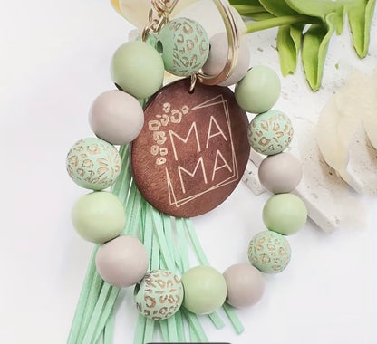 GREEN Leopard Wooden Handmade Tassel Bangle with Speckled Wooden Beads and MAMA Wood Chip Keychain