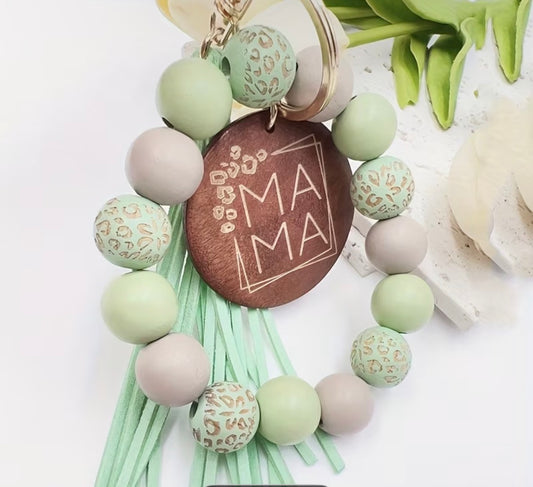 GREEN Leopard Wooden Handmade Tassel Bangle with Speckled Wooden Beads and MAMA Wood Chip Keychain