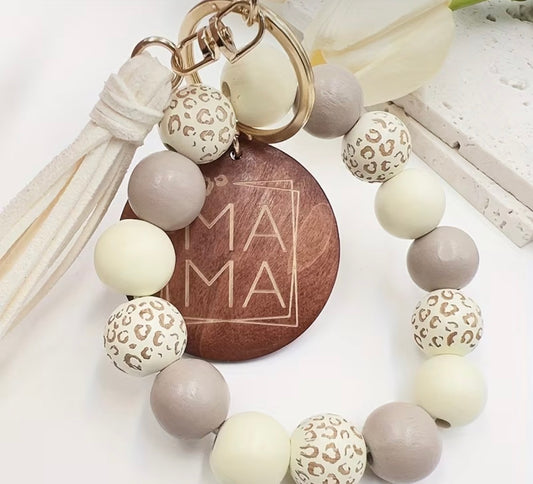 IVORY Leopard Wooden Handmade Tassel Bangle with Speckled Wooden Beads and MAMA Wood Chip Keychain