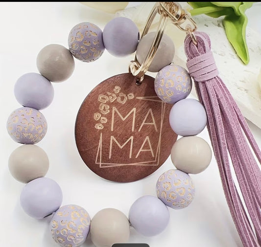PURPLE Leopard Wooden Handmade Tassel Bangle with Speckled Wooden Beads and MAMA Wood Chip Keychain