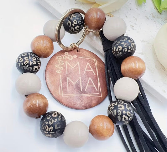 BLACK Leopard Wooden Handmade Tassel Bangle with Speckled Wooden Beads and MAMA Wood Chip Keychain