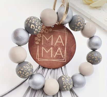 SILVER Leopard Wooden Handmade Tassel Bangle with Speckled Wooden Beads and MAMA Wood Chip Keychain