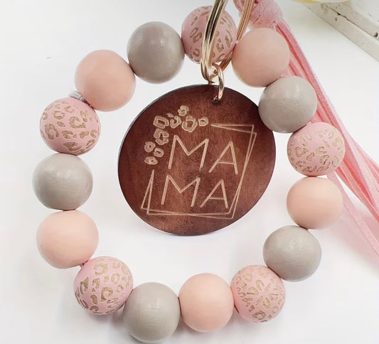 PINK Leopard Wooden Handmade Tassel Bangle with Speckled Wooden Beads and MAMA Wood Chip Keychain