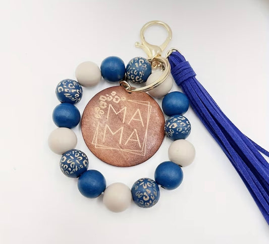 BLUE Leopard Wooden Handmade Tassel Bangle with Speckled Wooden Beads and MAMA Wood Chip Keychain
