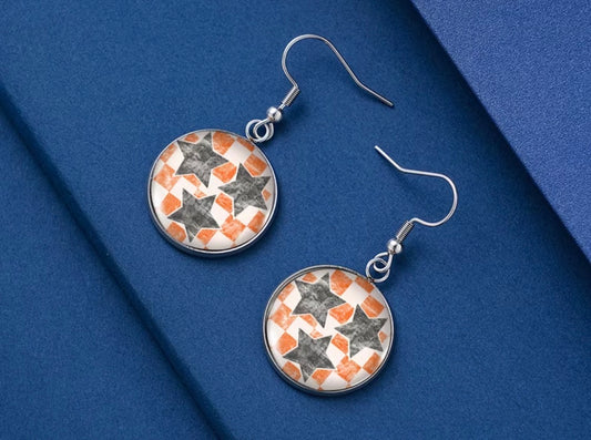 Leopard Print Three Orange Stars Painting Pattern Time Faux Gemstone Glass Earrings, Spring/Summer Ear Accessories, Stainless Steel Ear Hooks