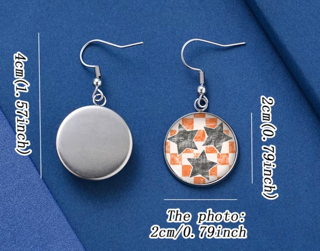 Leopard Print Three Orange Stars Painting Pattern Time Faux Gemstone Glass Earrings, Spring/Summer Ear Accessories, Stainless Steel Ear Hooks