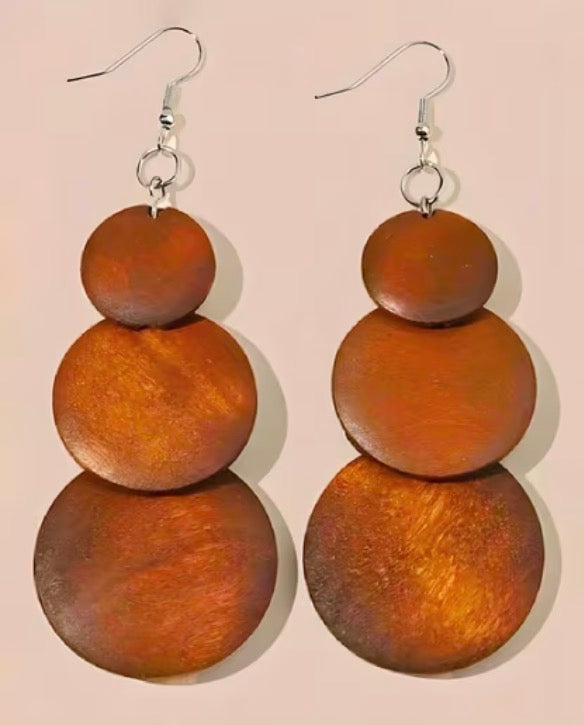Retro Fashion Wooden 3-Tier Round Disc Pendant Earrings