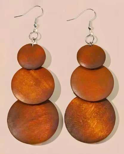 Retro Fashion Wooden 3-Tier Round Disc Pendant Earrings