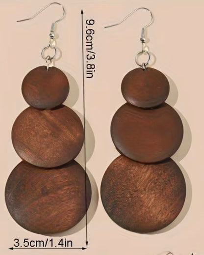 Retro Fashion Wooden 3-Tier Round Disc Pendant Earrings