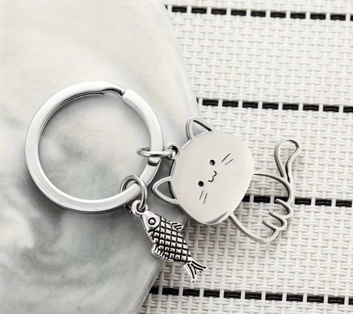 Cute Cat Fish Keychain Silvery Stainless Steel Keyring