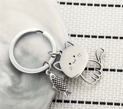 Cute Cat Fish Keychain Silvery Stainless Steel Keyring